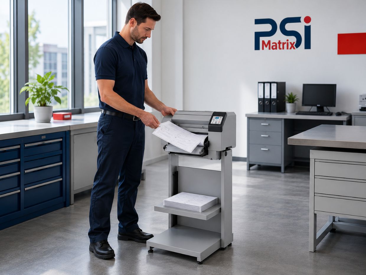Fachkraft prüft einen Endlospapier-Ausdruck am PSi PP 803 Matrixdrucker im Büro